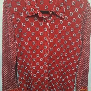 Johnny Was Red Whimsigoth Embroidered Long-sleeve Button-Down Shirt Size M